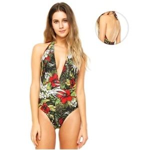Salinas Halter Neck Black Floral One Piece Swimsuit, Small